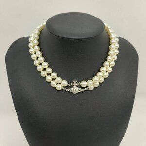Vivienne Westwood Double-Layer Pearl Necklace with Silver Saturn Pendant